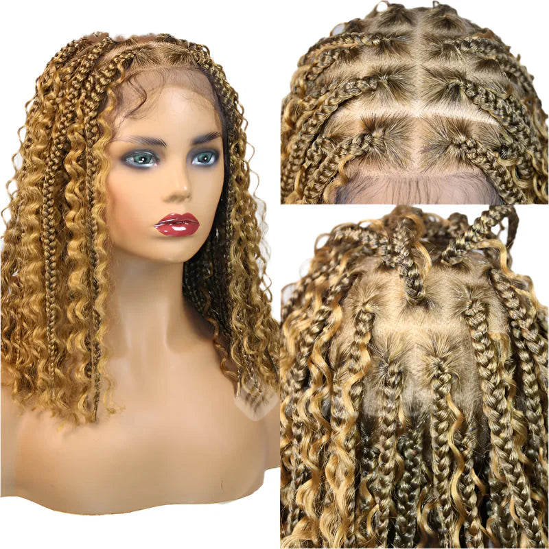 12" Bohemian Cornrow & Knotless Box Braids Bob Wig | Curly Goddess Ends | Full Lace Front