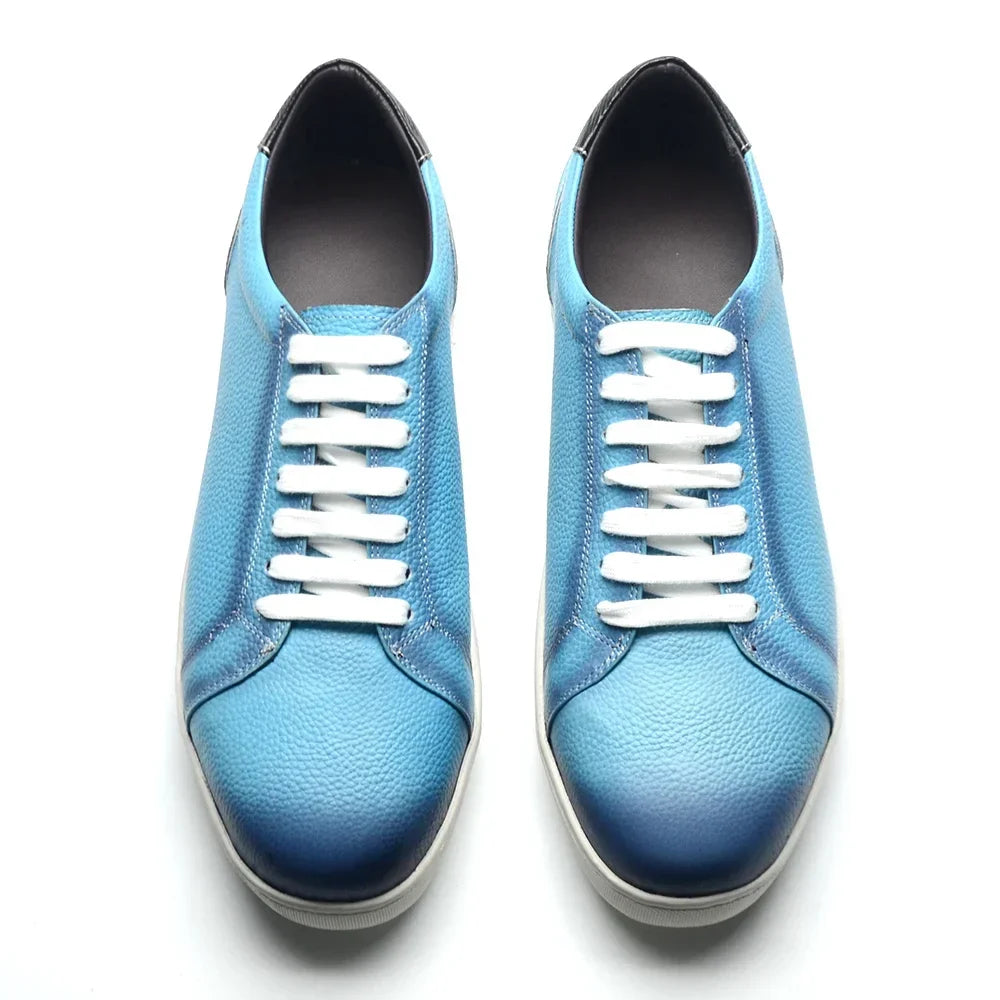 Luxury Designer Men's Genuine Leather Skateboard Shoes | Sky Blue Lace-Up Casual Sneakers (Breathable)