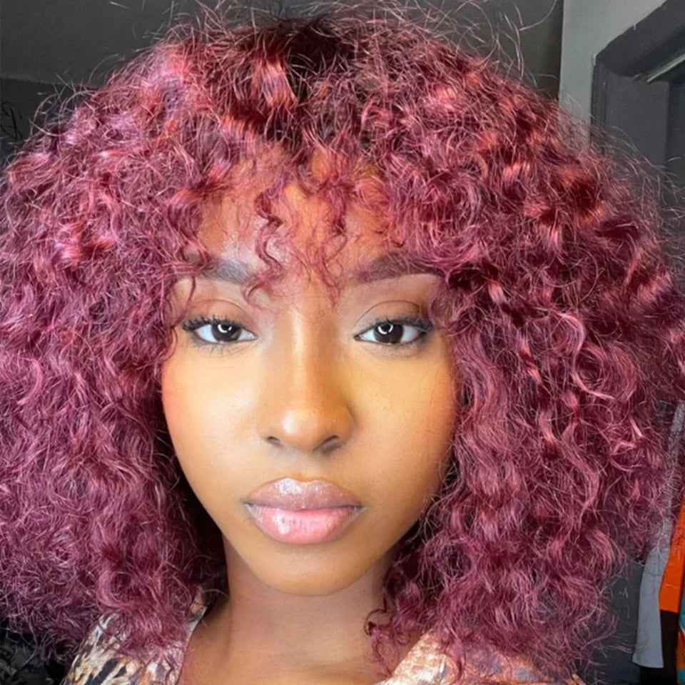 Highlight Honey Blonde Jerry Curly Bob Wig with Bangs | Non-Lace Front Human Hair
