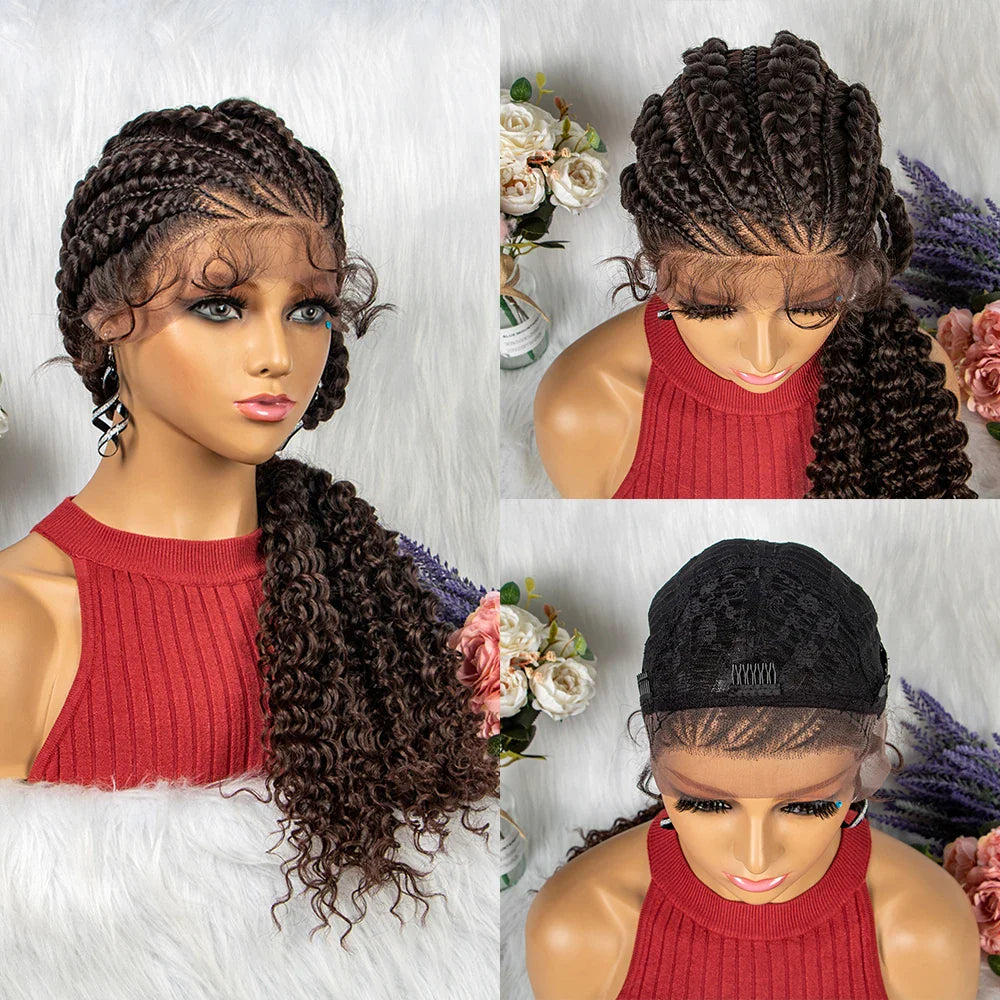 28" Burgundy Knotless Braids Wig with Curly Ends | Lace Front | Baby Hair