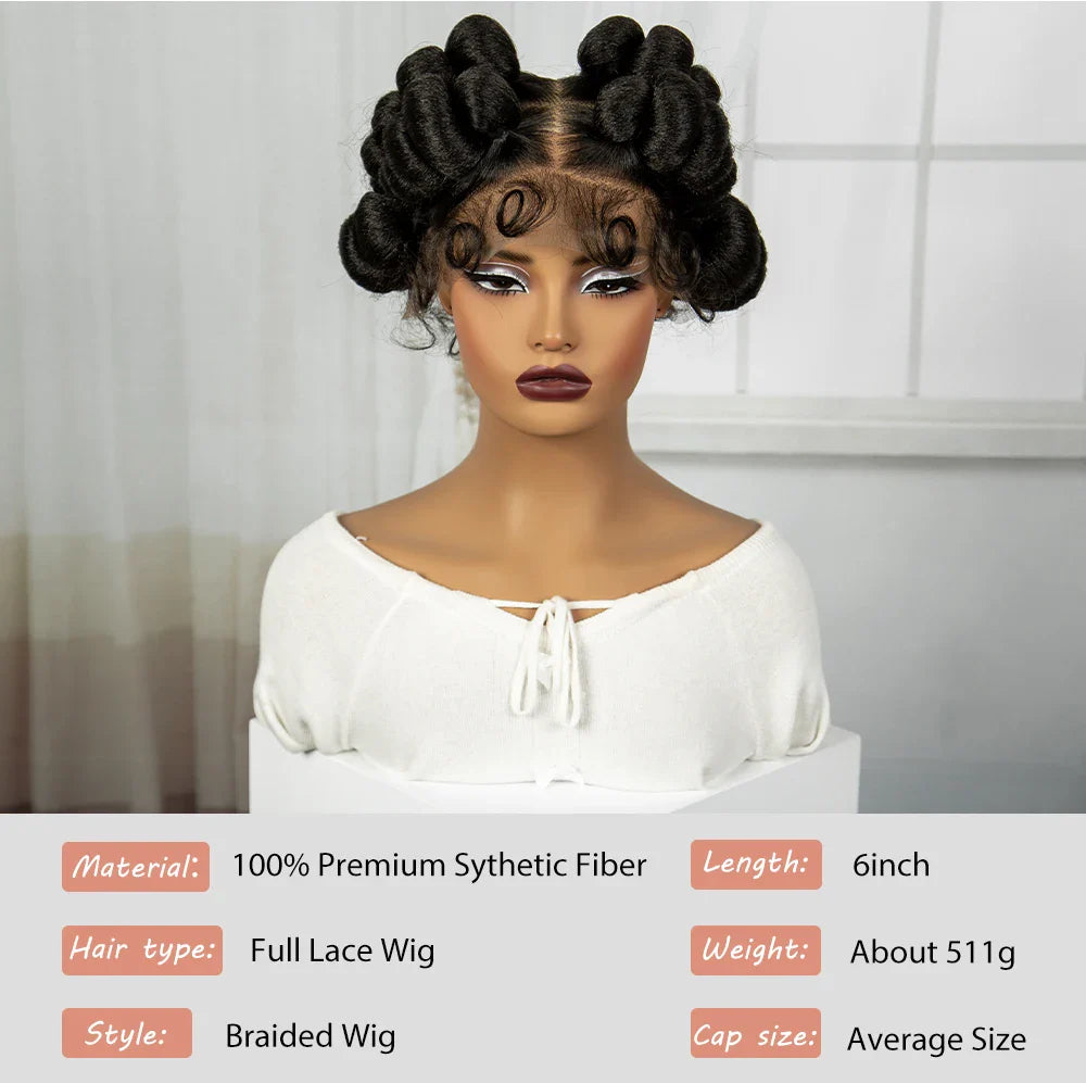 Short Cute Burgundy Bantu Knotless Braids Wig | Full Lace Handmade