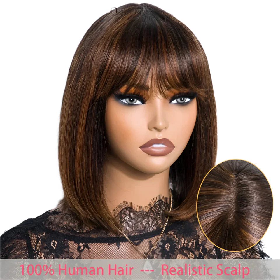 Ombre #4/27 Straight Bob Wig with Bangs | Human Hair Lace Top