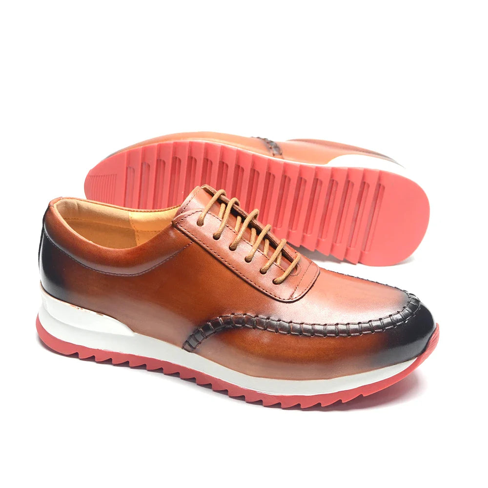 Classy Men's Genuine Leather Low Top Sneakers | Red Bottom Lace-Up Casual Dress Shoes (Breathable)