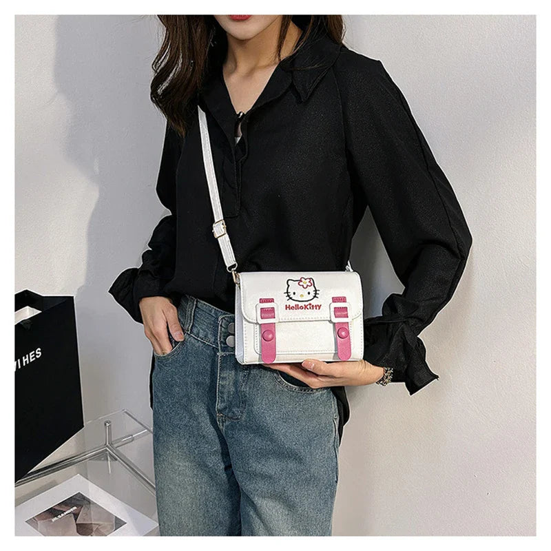 Sanrio Kawaii Hello Kitty My Melody Kuromi Cinnamoroll Square Shoulder Bags | PU Cartoon Fashion Simple Satchel Crossbody Bag (Gift)