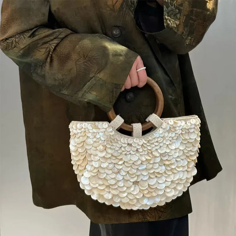 Brand Exquisite Double-sided Shell Handbag | Luxury Handmade Large Capacity Shell Crossbody Clutch Bag (Wooden Handle & Tote)