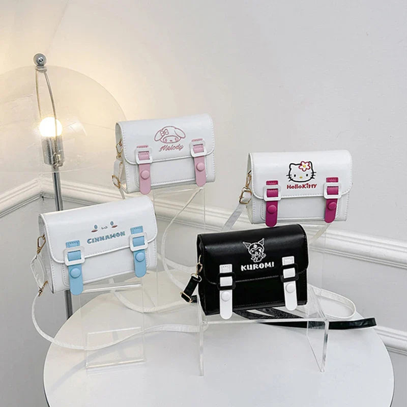 Sanrio Kawaii Hello Kitty My Melody Kuromi Cinnamoroll Square Shoulder Bags | PU Cartoon Fashion Simple Satchel Crossbody Bag (Gift)