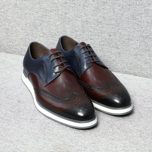 Luxury Men's Real Cow Leather Three-Color Wingtip Derby Shoes | Top Designer Original Casual Sneakers (Breathable)
