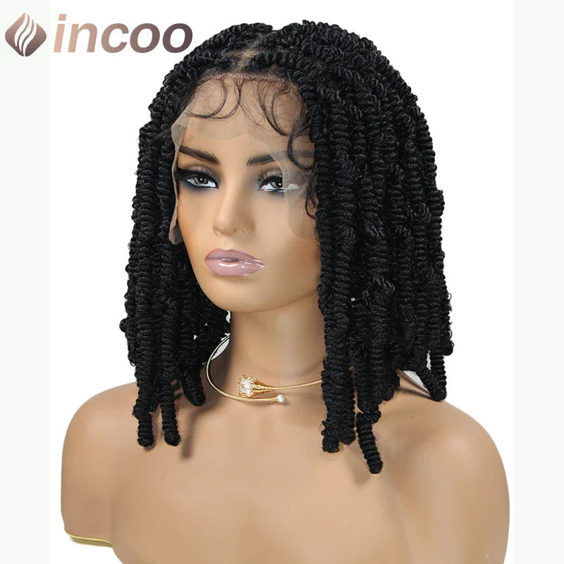 12" Boho Bob Braided Wig | Goddess Knotless Braids | 360 Full Lace | Curly Ends | Baby Hair