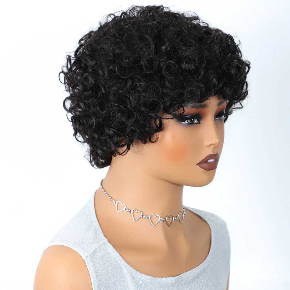 Peruvian Short Bob Pixie Afro Kinky Curly Wig with Bangs | Remy Human Hair