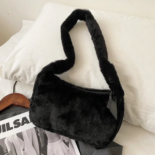 Simple Design Women's Soft Plush Hobo Shoulder Bag | Winter Furry Ladies Clutch Purse & Handbag (Fashion Female Underarm Bag)