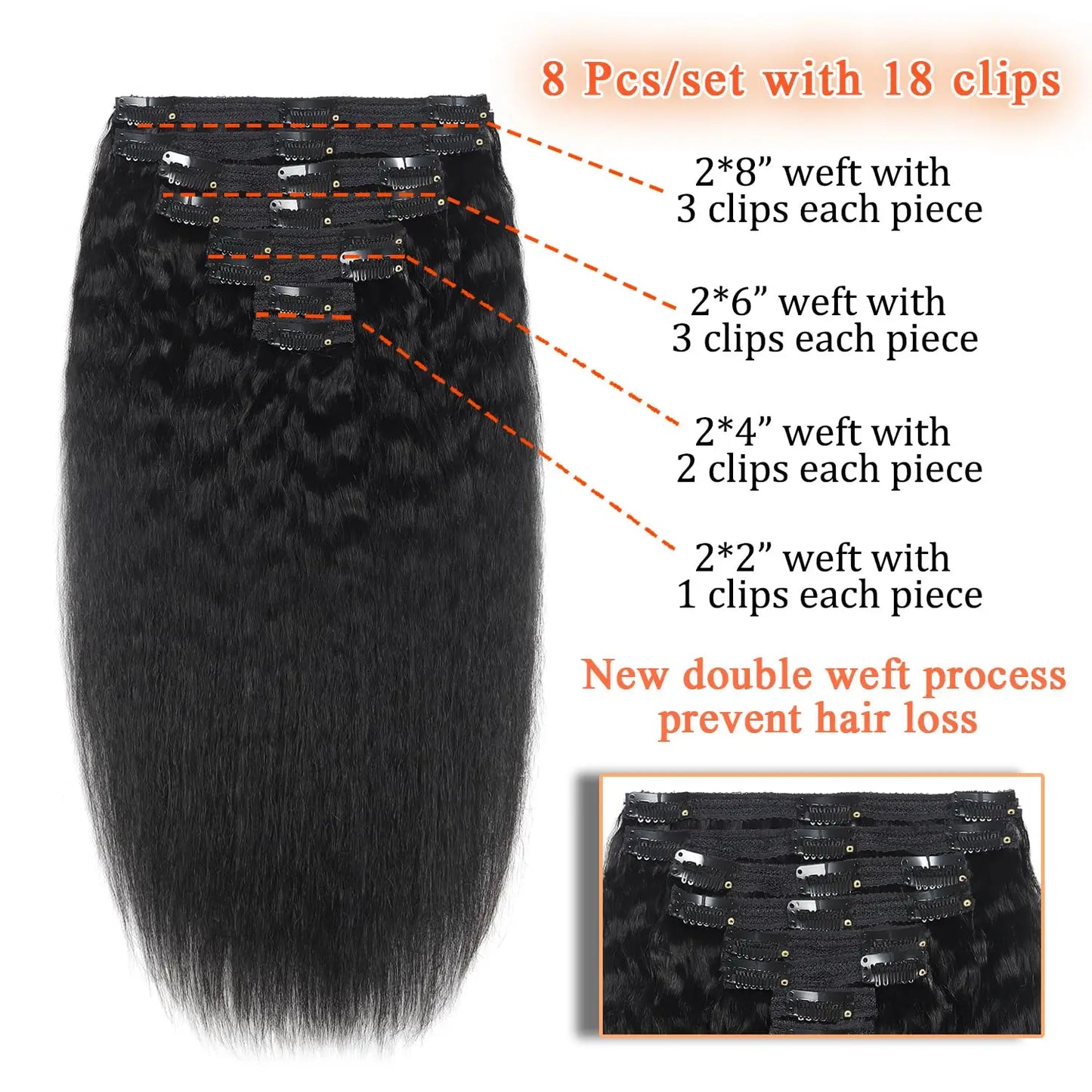 Kinky Straight Clip in Hair Extensions Real Human Hair Natural Black for Women Remy Kinky Straight Human Hair Seamless Clip ins