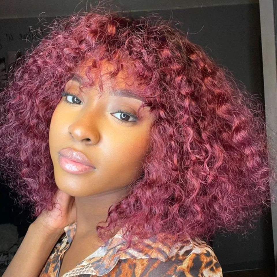 Brazilian Jerry Curly Human Hair Bob Wig with Bangs | Natural Highlight Honey Water Wave Kinky Curly Wigs for Women
