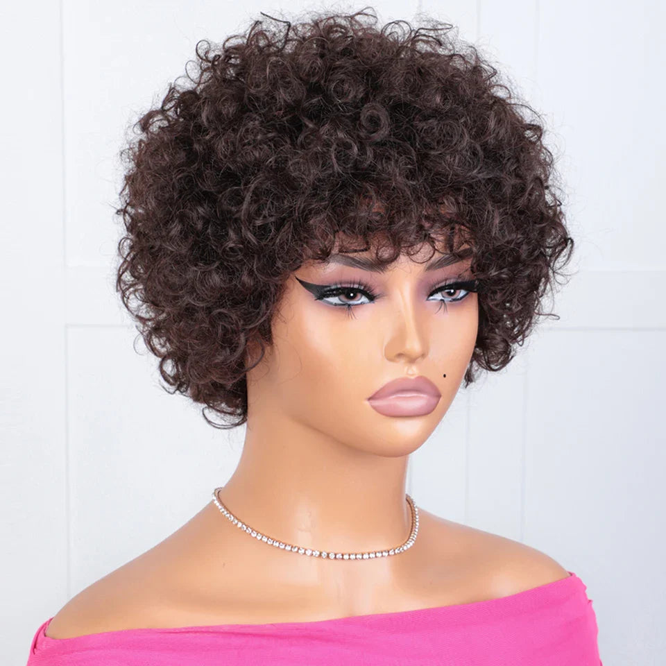 Sleek Malaysian Afro Kinky Curly Pixie Bob Wig | Glueless Natural Brown 99J with Bangs