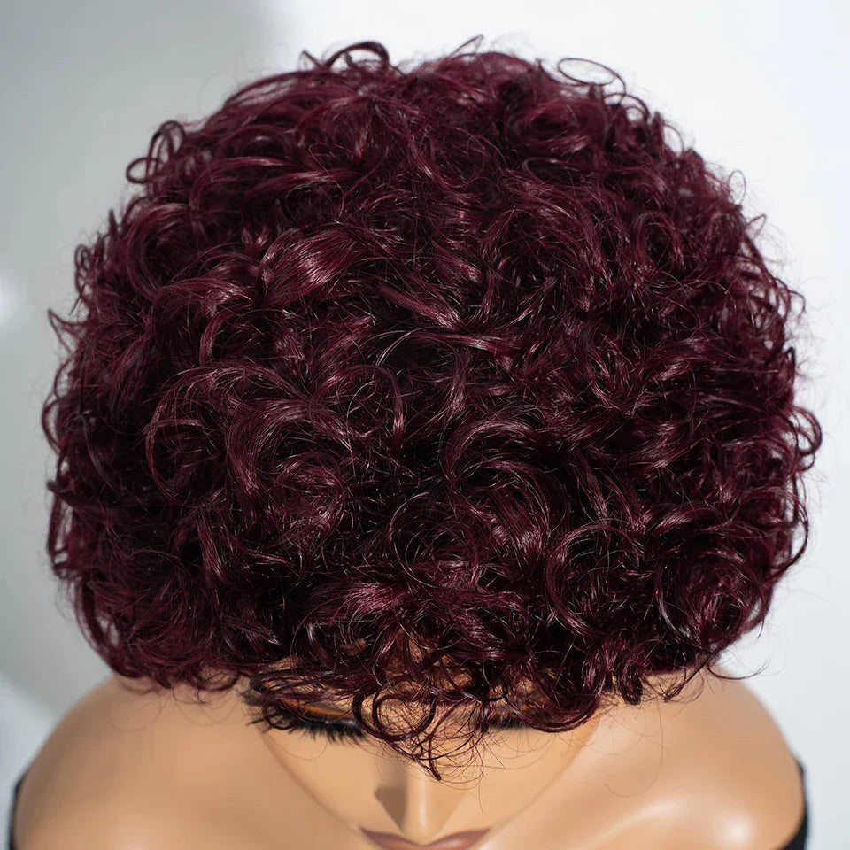 Brazilian Short Pixie Bob Afro Kinky Curly Wig with Bangs | Full Machine Made Human Hair (Natural Brown & 99J)