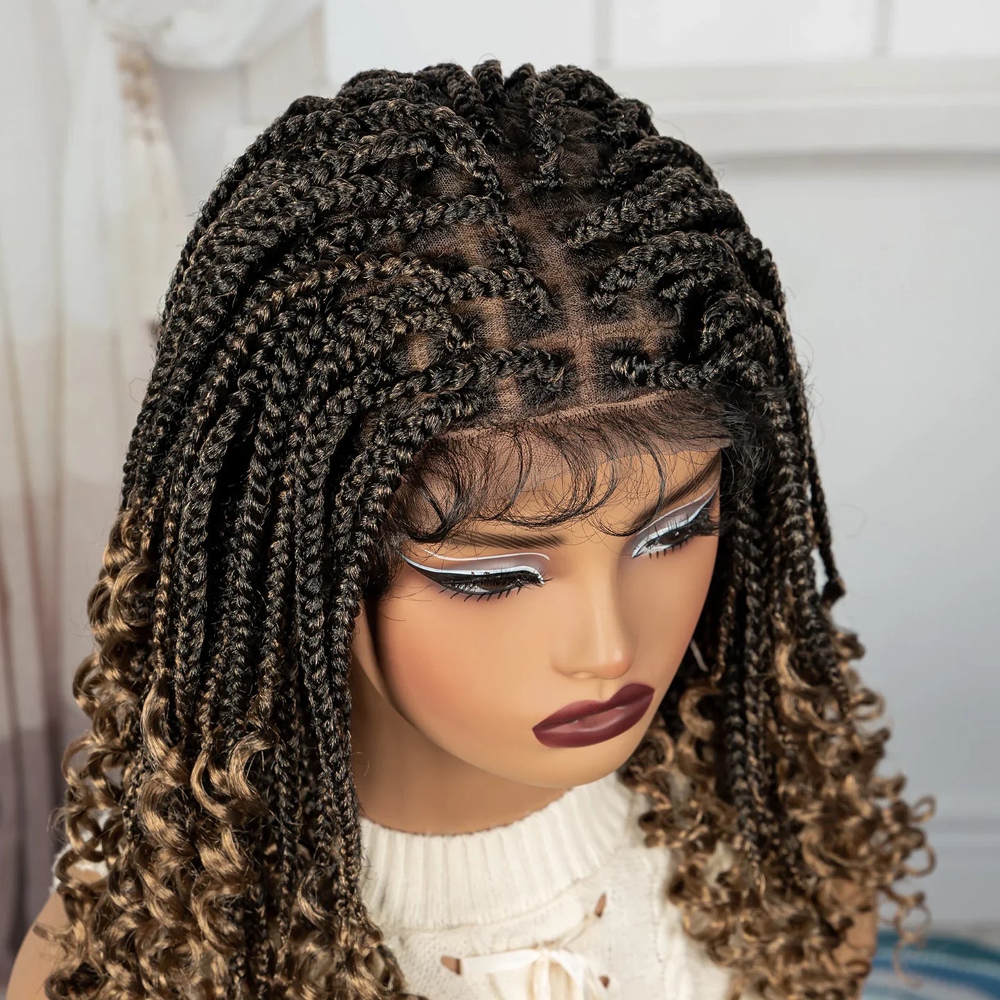 Short Ombre Boho Knotless Braids Bob Wig with Curly Ends | Full Lace