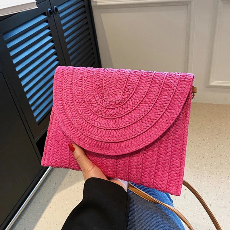 Summer Travel Beach Bag Straw Woven Clutch Bag | Fashion Designer Crossbody Shoulder Bag for Women (Handbag Ladies Wrist Wicker Bag)