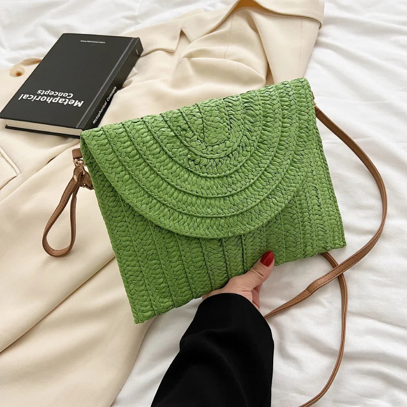 Summer Travel Beach Bag Straw Woven Clutch Bag | Fashion Designer Crossbody Shoulder Bag for Women (Handbag Ladies Wrist Wicker Bag)