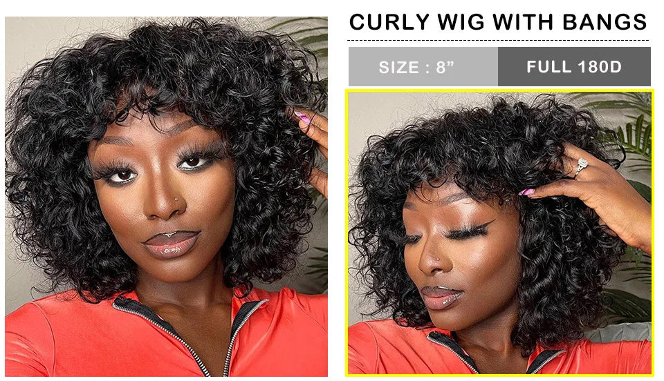 Highlight Honey Blonde Jerry Curly Bob Wig with Bangs | Non-Lace Front Human Hair