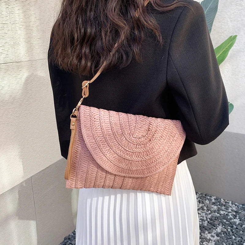 Summer Travel Beach Bag Straw Woven Clutch Bag | Fashion Designer Crossbody Shoulder Bag for Women (Handbag Ladies Wrist Wicker Bag)