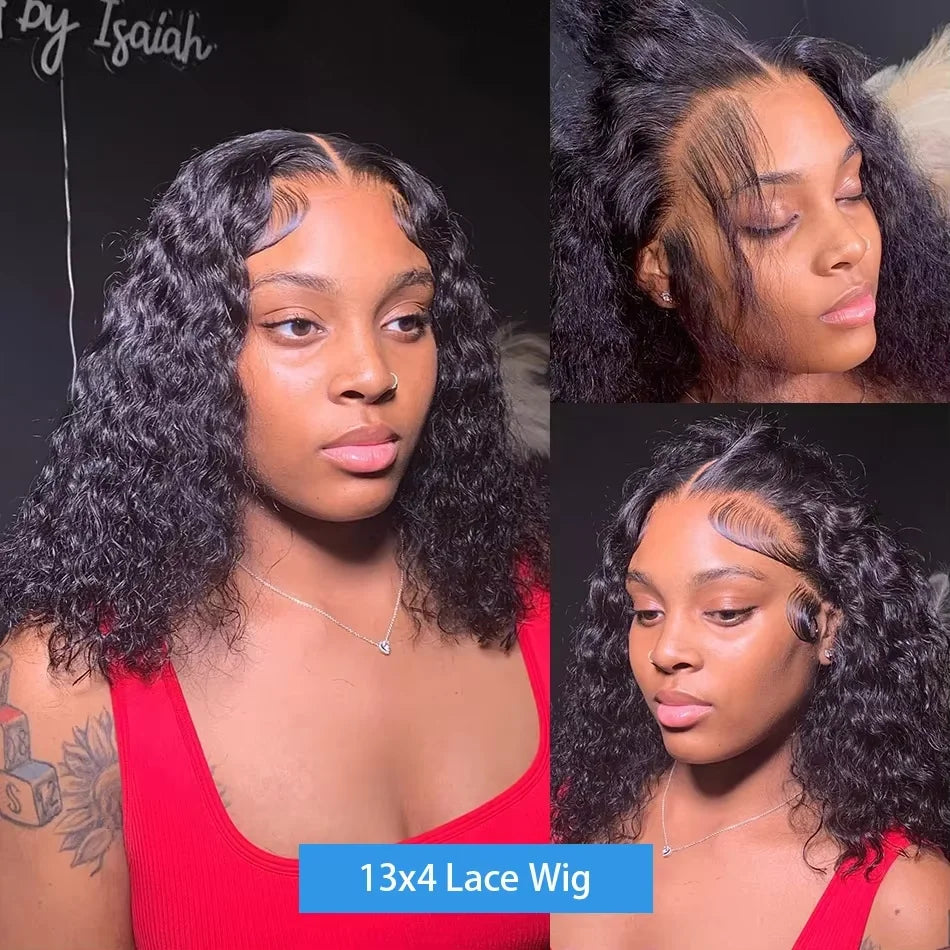 100% Human Hair Loose Deep Wave Short Bob Wig | 14 Inch 200 Density Vietnamese Remy 13x4 Transparent Lace Front Wig