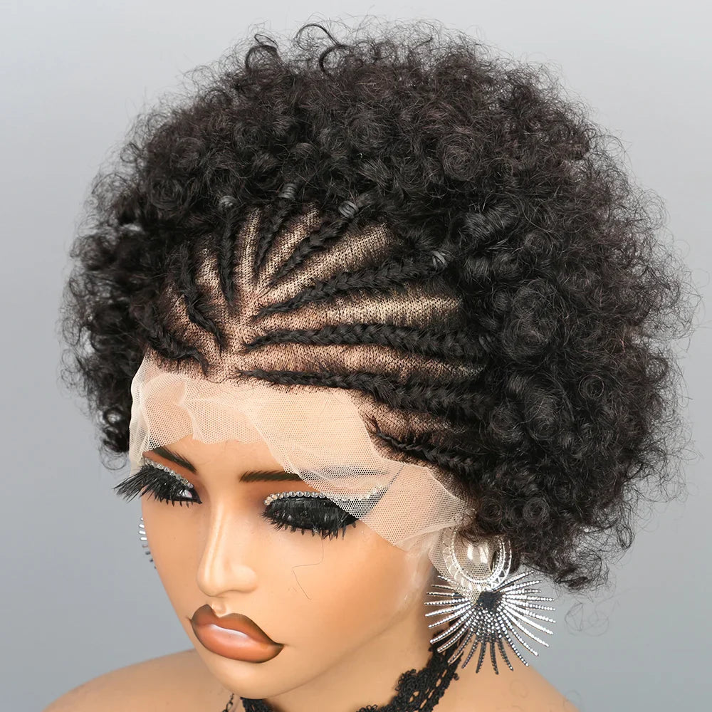 Short Afro Puff Braided Wig | 13x4 Lace Front Human Hair | Pre-Braided Cornrow Wig
