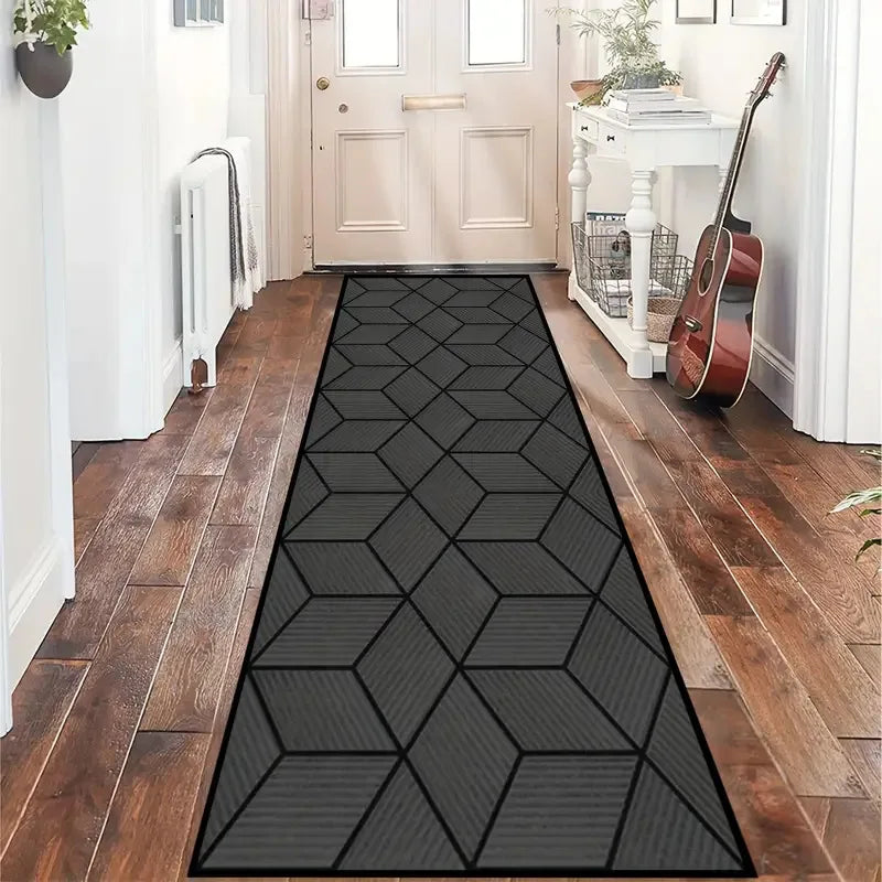 Modern Geometric Diamond Hallway Runner Rug - Black Gold & Gray Pattern Floormat Ideal for Corridor Decor