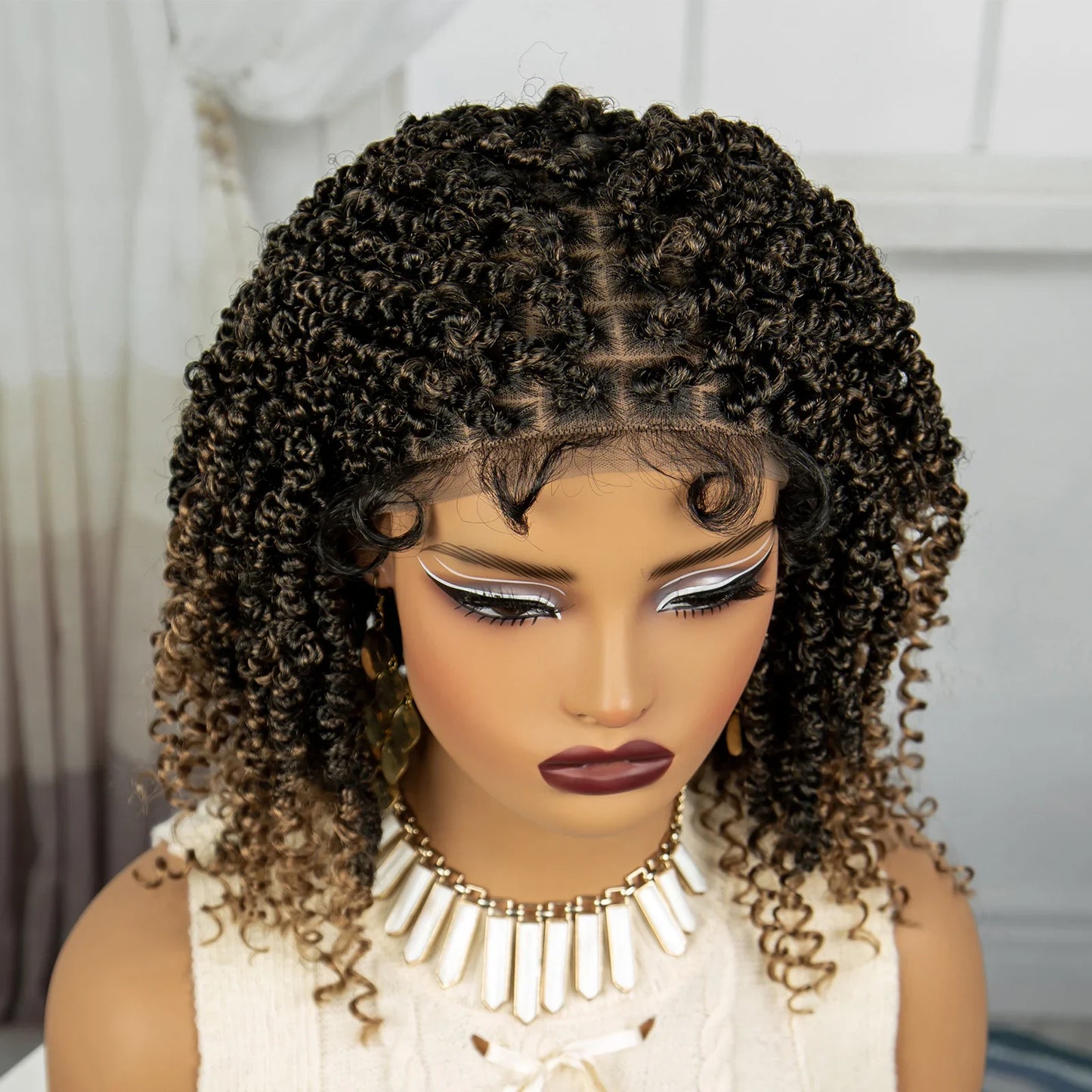 Burgundy Knotless Box Braids Bob Wig with Curly Ends | Lace Front