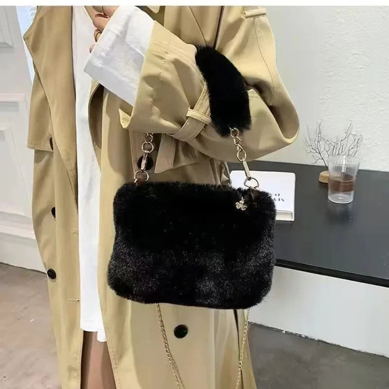 Fashion Women's Fluffy Shoulder Bag | Female Winter Chain Underarm Bag & Soft Plush Handle Handbag (Solid Color)