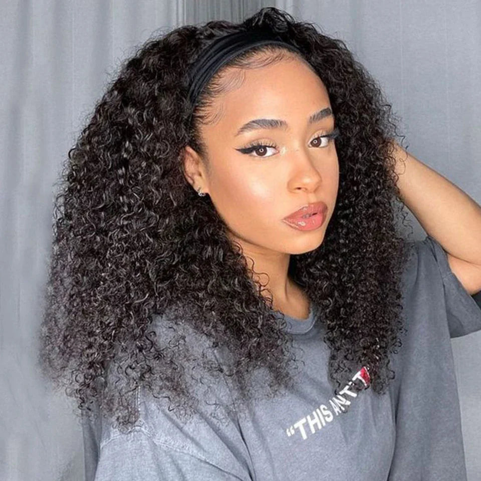 Indian Jerry Curly Headband Wig | 250% Density Glueless Remy Human Hair