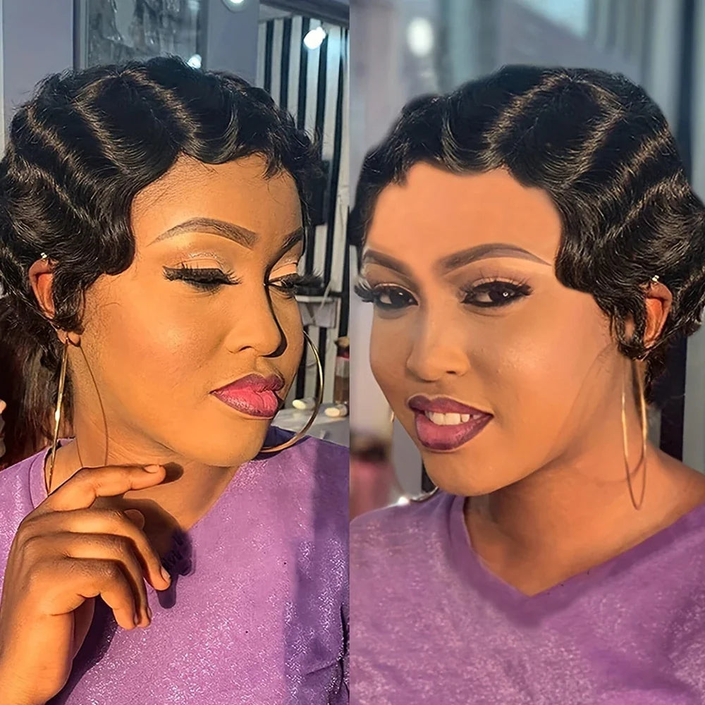 Brazilian Pixie Wig | Wet & Wavy Finger Wave Style | Machine Made Human Hair Wig | Natural Color