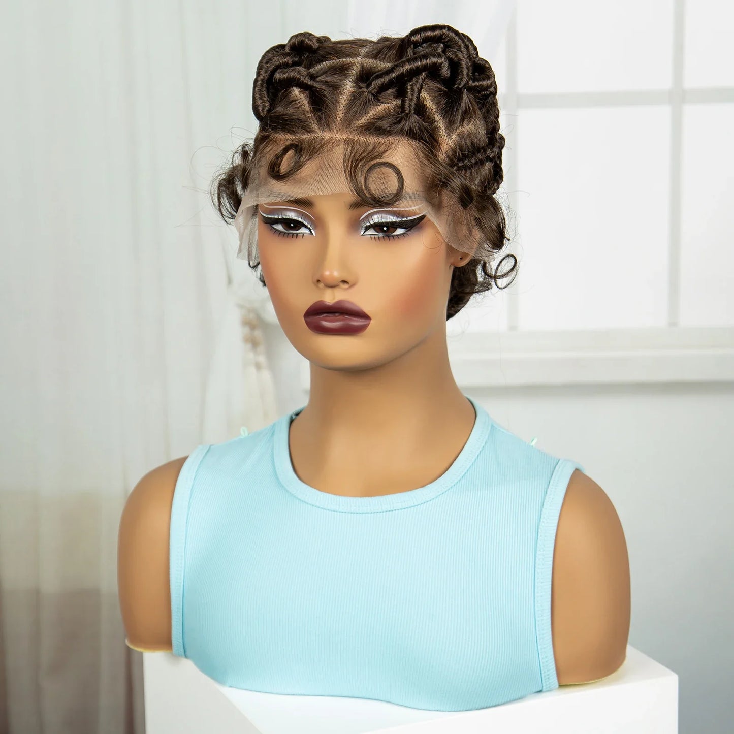 Burgundy Full Lace Synthetic Braided Wig | Knotless Box Braids & Bantu Knots | Lace Front Wig with Baby Hair for Black Women