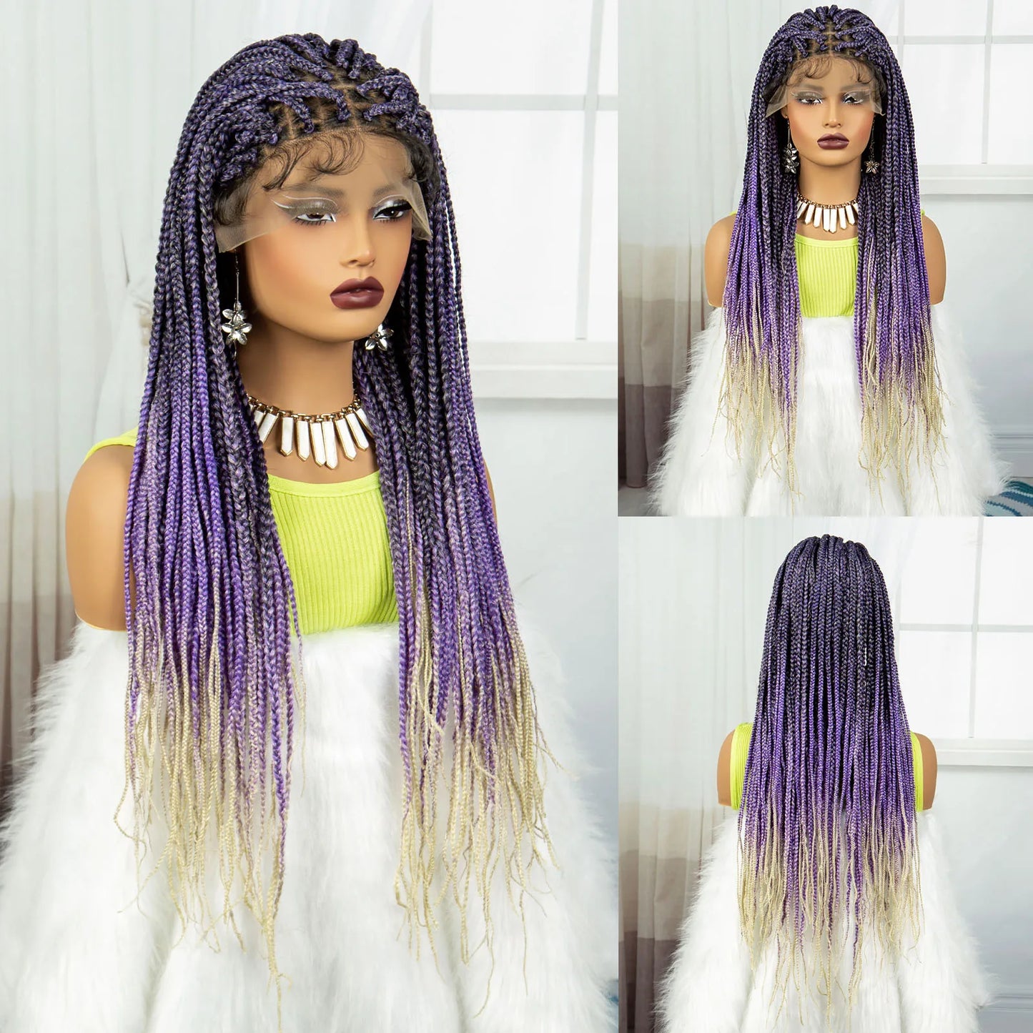 36" Purple & Blonde Knotless Box Braids Wig | Lace Front | Baby Hair