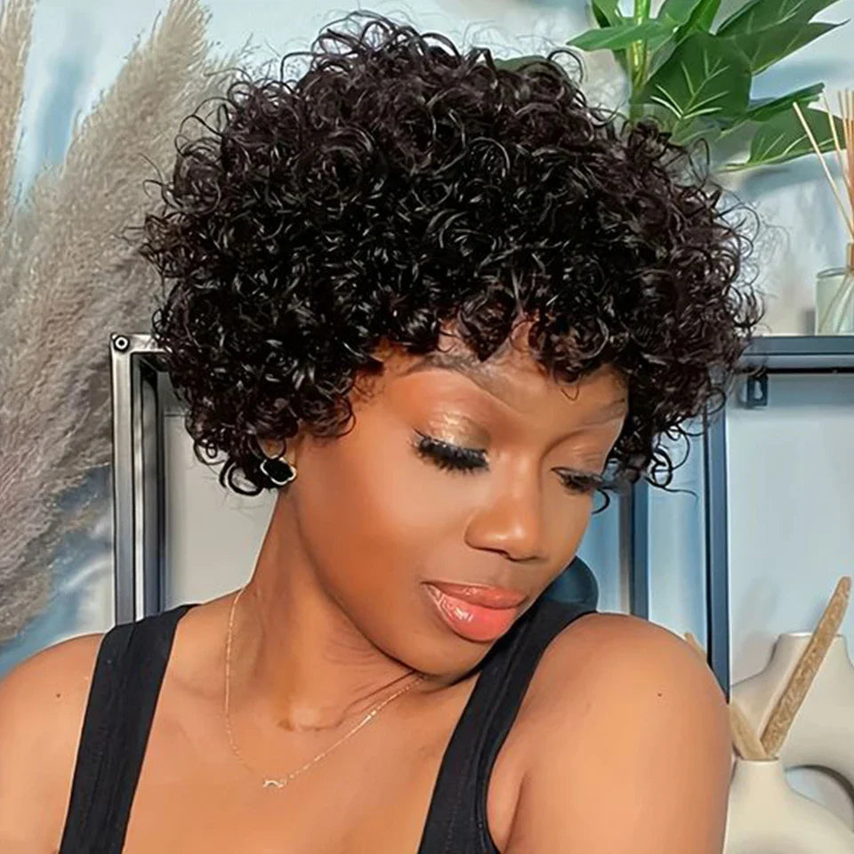 Sleek Peruvian Afro Kinky Curly Pixie Wig | Glueless Natural Brown Human Hair with Bangs
