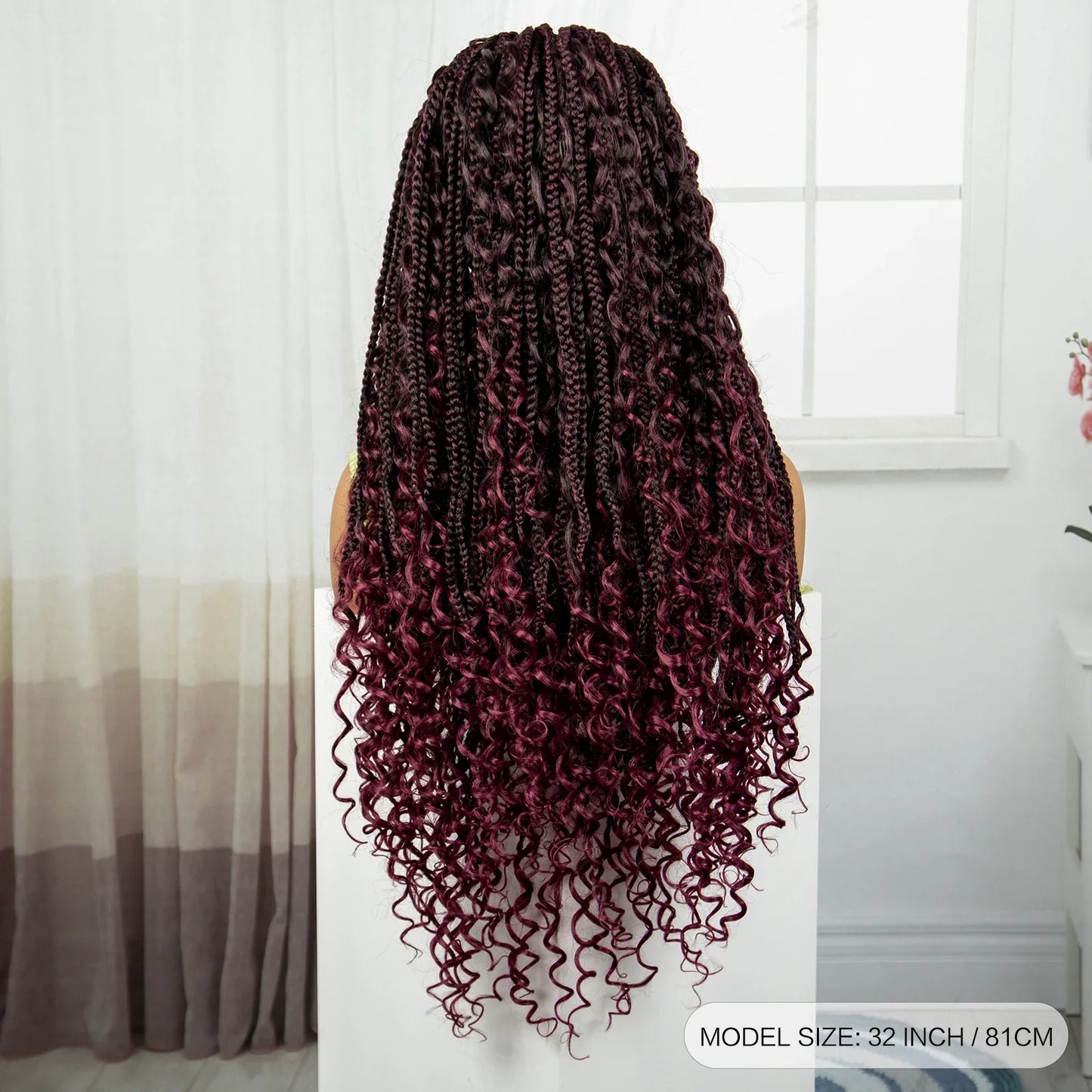 Burgundy Boho Knotless Braids Wig | Curly Ends | Lace Front | Baby Hair