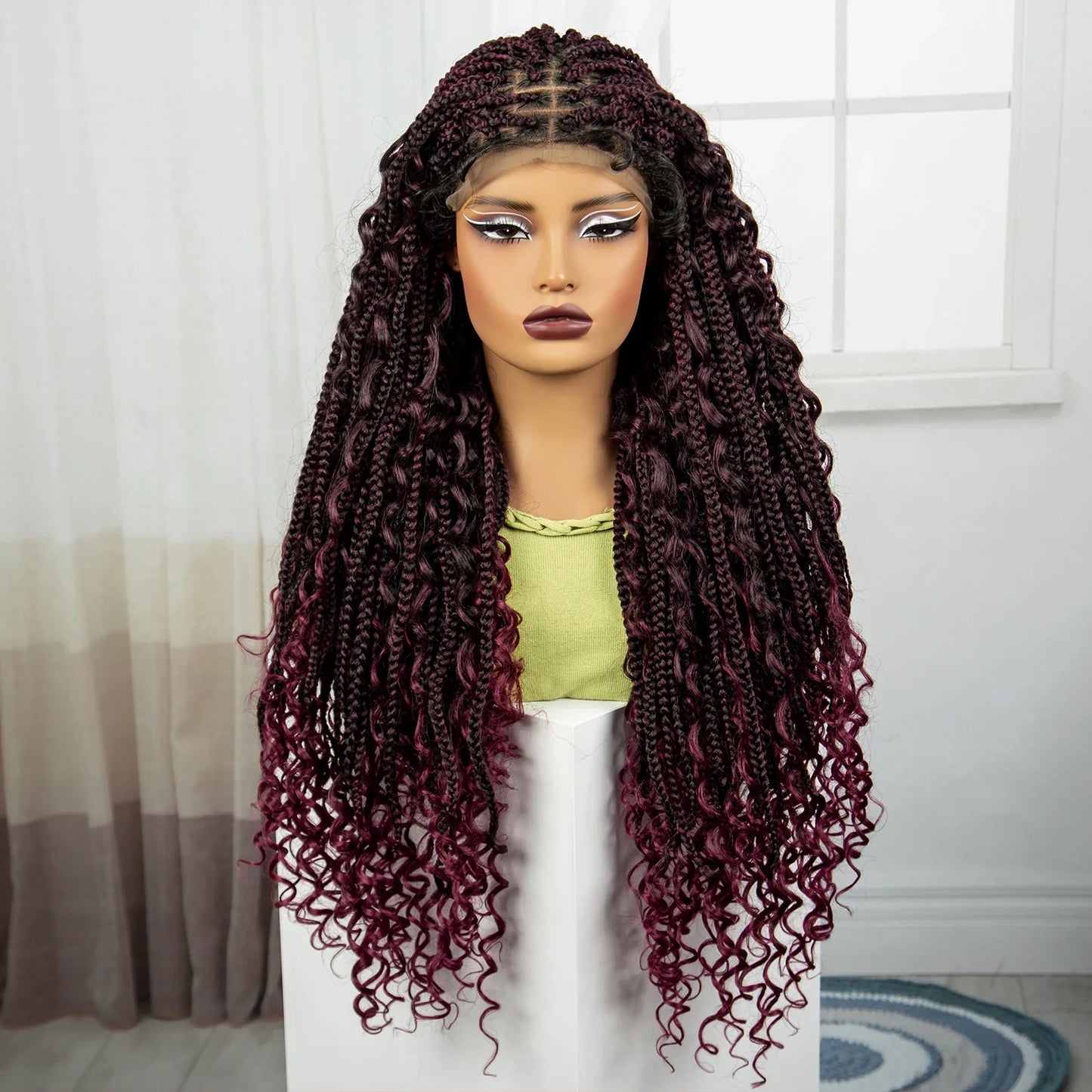 Burgundy Boho Knotless Braids Wig | Curly Ends | Lace Front | Baby Hair