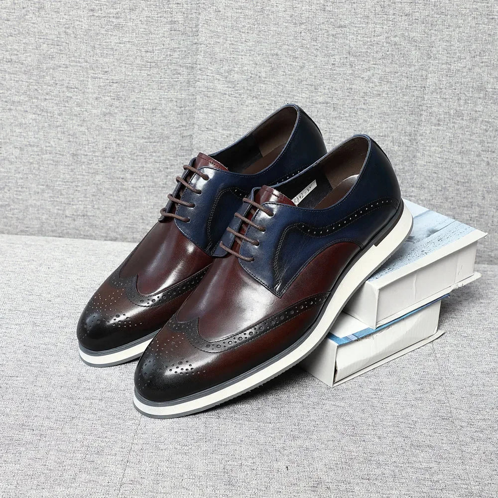 Luxury Men's Real Cow Leather Three-Color Wingtip Derby Shoes | Top Designer Original Casual Sneakers (Breathable)