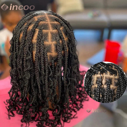 12" Boho Bob Braided Wig | Goddess Knotless Braids | 360 Full Lace | Curly Ends | Baby Hair