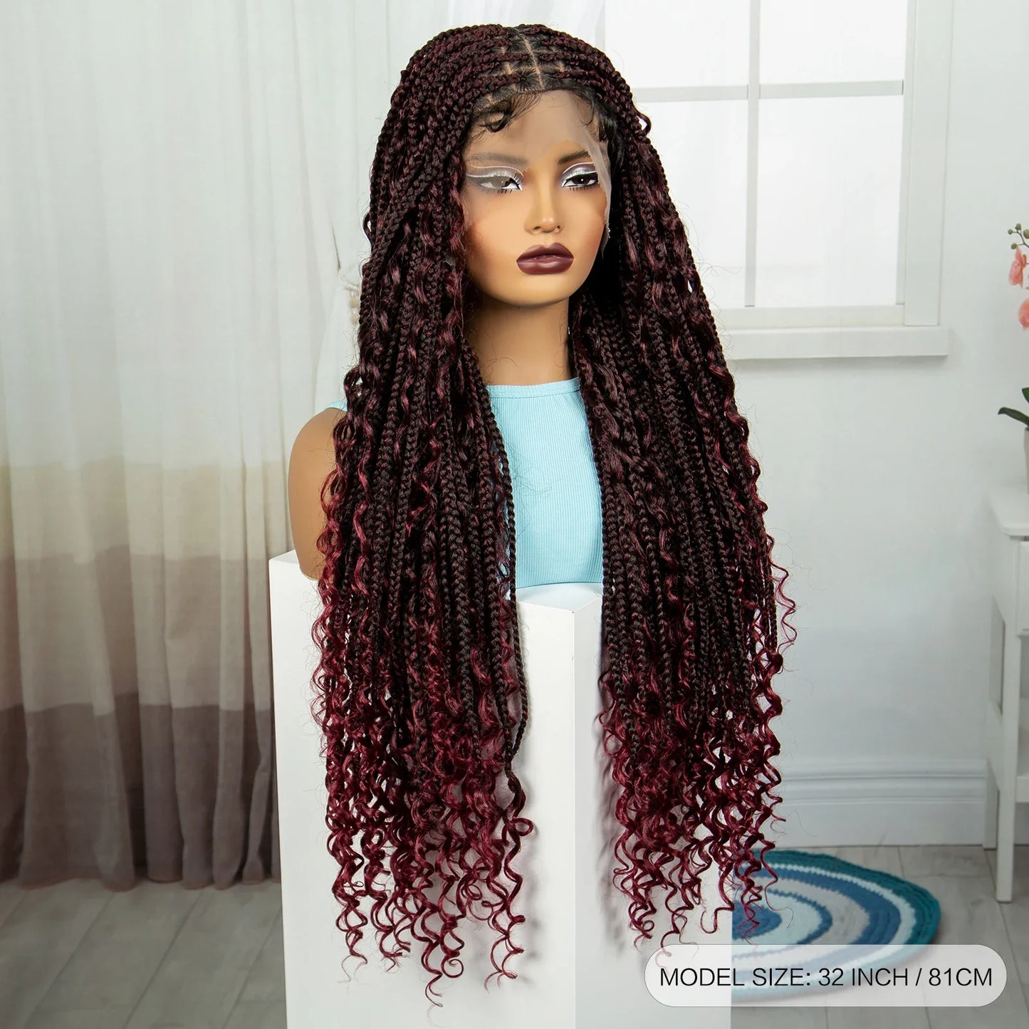 Burgundy Knotless Box Braids Wig with Curly Ends | Full Lace Handmade