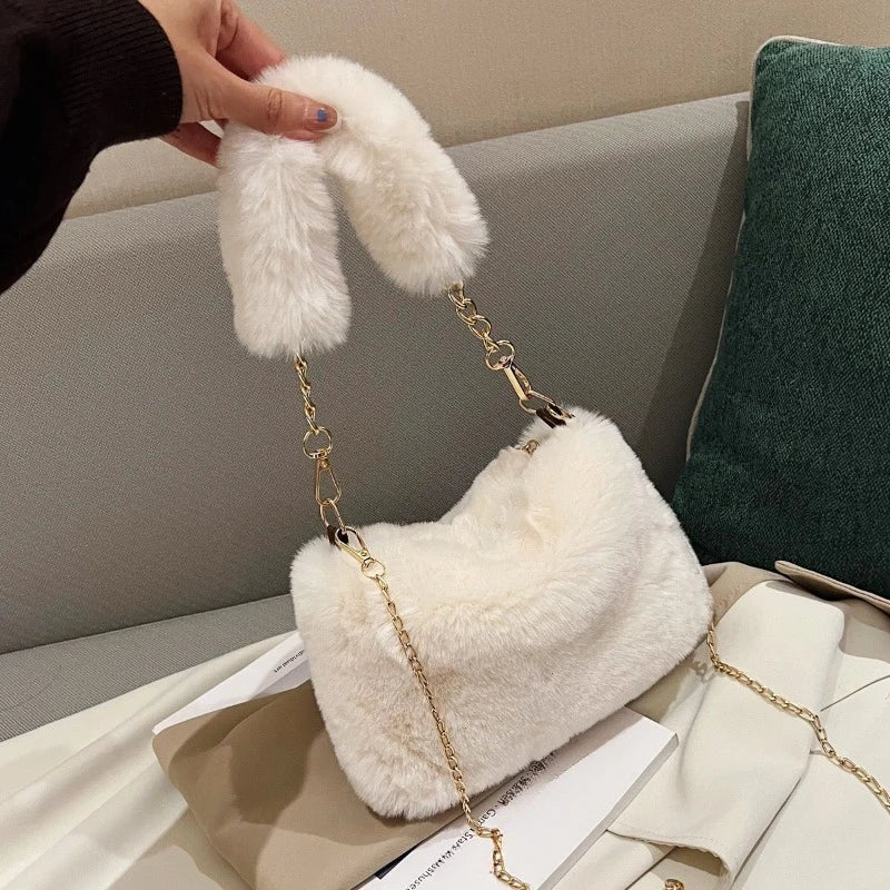 Fashion Women's Fluffy Shoulder Bag | Female Winter Chain Underarm Bag & Soft Plush Handle Handbag (Solid Color)