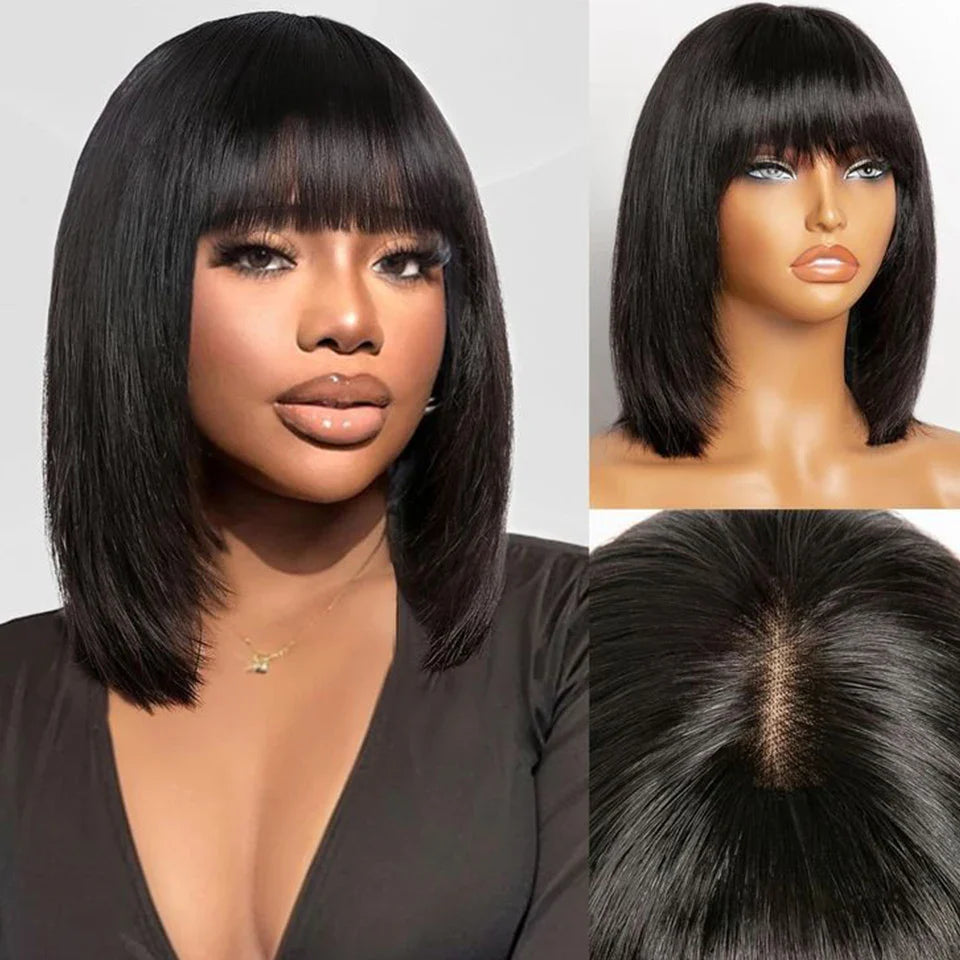 Mongolian Straight Bob Wig with Bangs | Glueless Middle Part Lace Human Hair (Realistic Scalp)