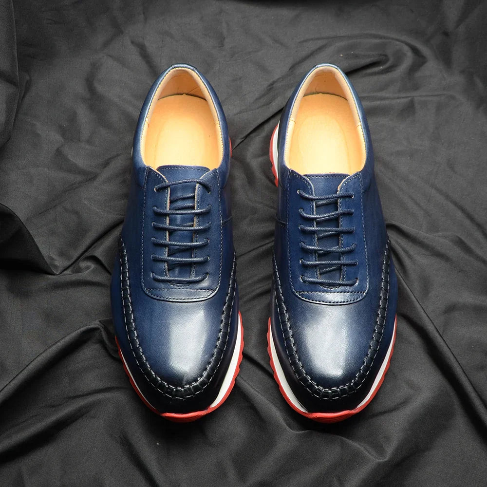 Classy Men's Genuine Leather Low Top Sneakers | Red Bottom Lace-Up Casual Dress Shoes (Breathable)
