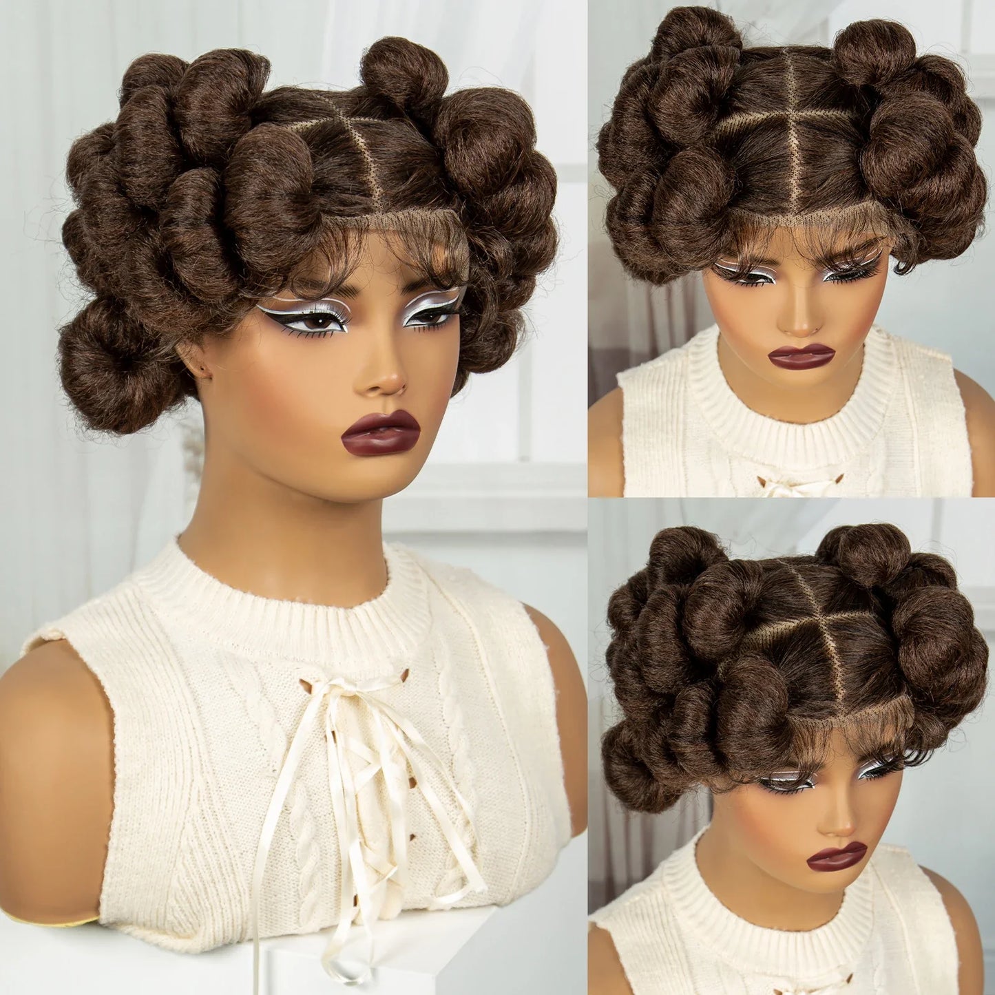 Ginger Orange Bantu Knotless Braids Wig | Short Cute Handmade | Full Lace