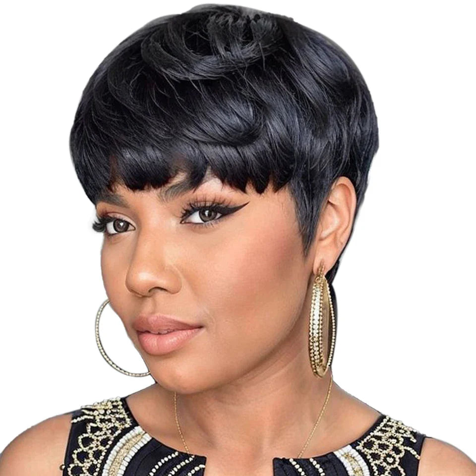 Rebecca Short Straight Pixie Bob Wig with Bangs | Glueless Brazilian Human Hair (Black & Brown)