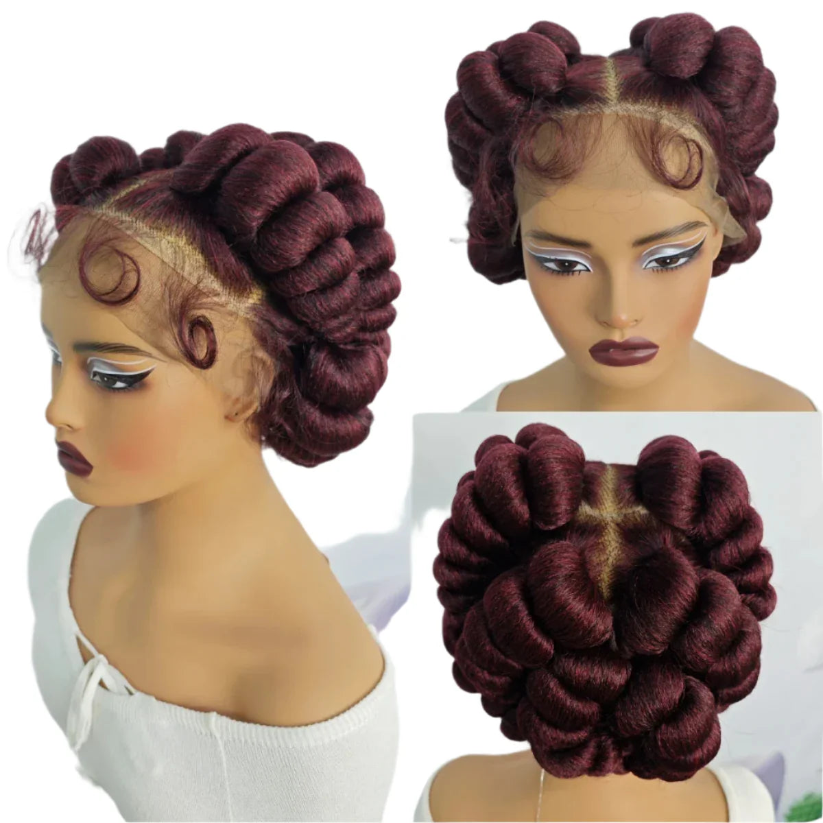 Short Cute Burgundy Bantu Knotless Braids Wig | Full Lace Handmade