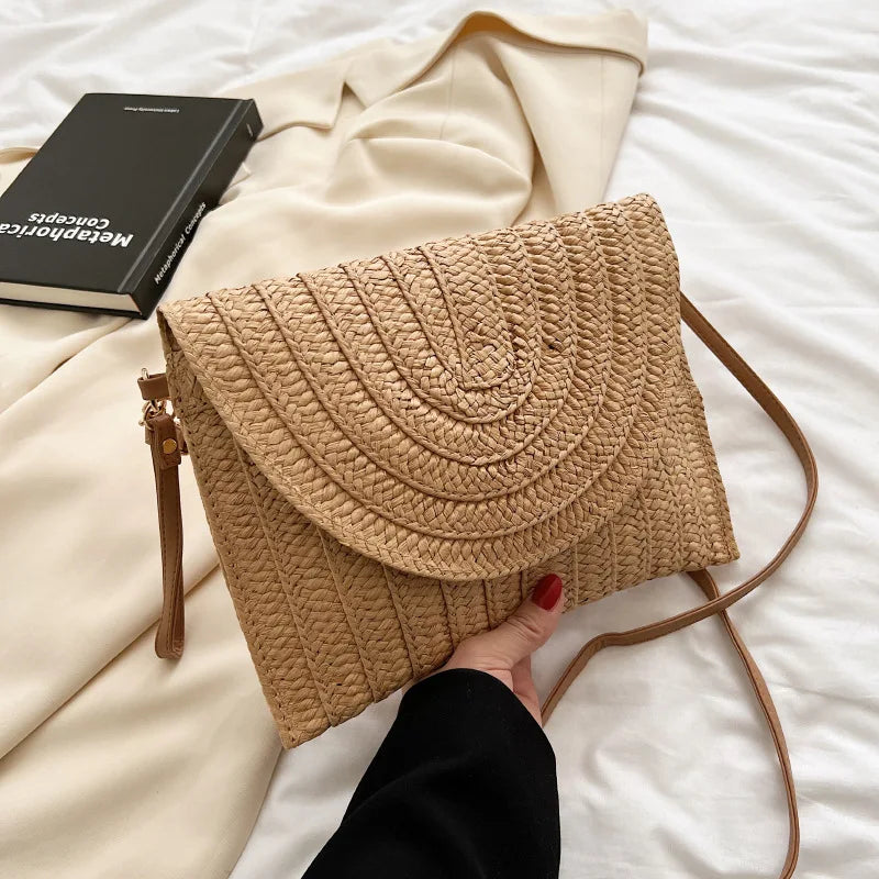 Summer Travel Beach Bag Straw Woven Clutch Bag | Fashion Designer Crossbody Shoulder Bag for Women (Handbag Ladies Wrist Wicker Bag)
