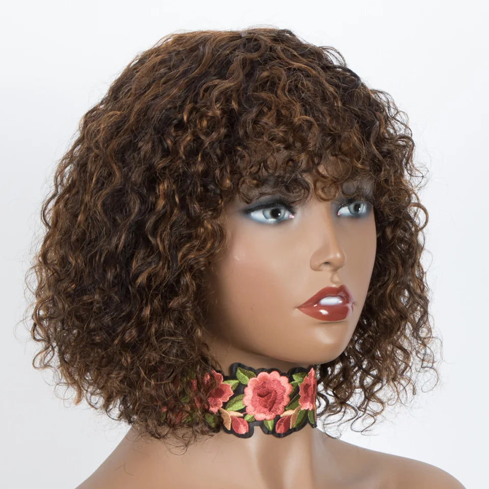 Brazilian Jerry Curly Human Hair Bob Wig with Bangs | Natural Highlight Honey Water Wave Kinky Curly Wigs for Women