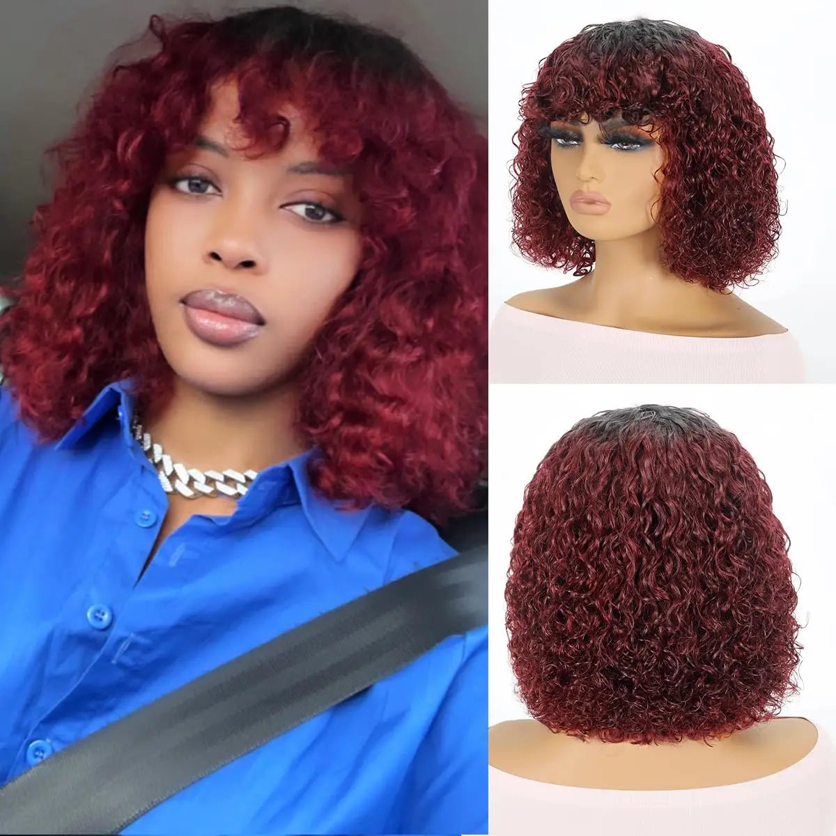Jerry Curly Short Pixie Bob Wig with Bangs | Full Machine Made Remy Human Hair for Black Women