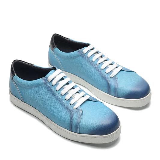 Luxury Designer Men's Genuine Leather Skateboard Shoes | Sky Blue Lace-Up Casual Sneakers (Breathable)