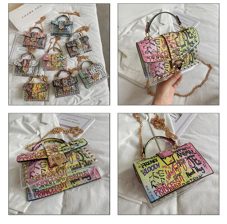 Brand Women's Studded Graffiti Crossbody Bags | Fashion Shoulder Bag for Ladies (Luxury Designer PVC Handbags & Messenger Satchel)