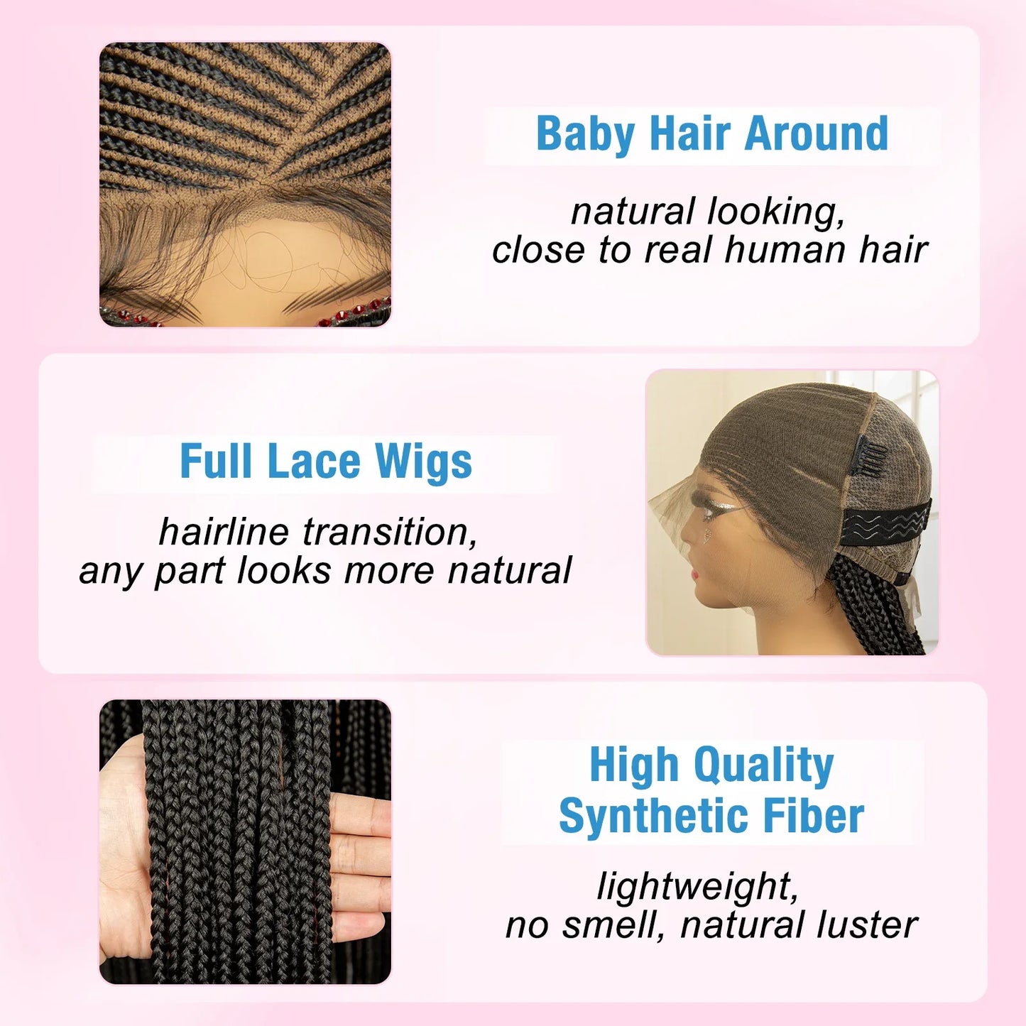 36" Full Lace Afro Cornrow Wig | Knotless Box Braids | Kanekalon Hair | For Black Women